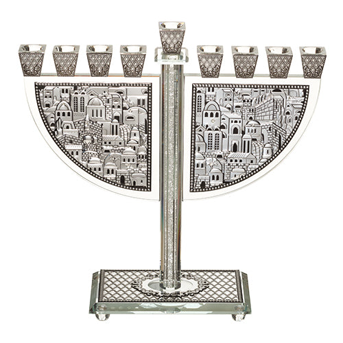 Crystal Oil Menorah with Metal Plaque and Stones