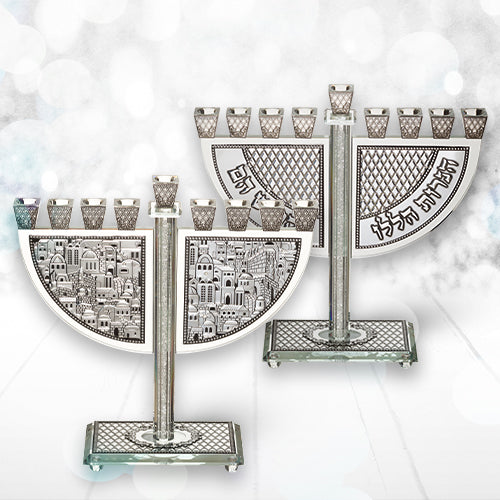 Crystal Oil Menorah with Metal Plaque and Stones