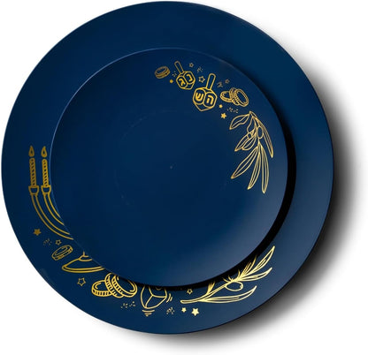 Chanukah Collection Plastic Plates Combo - 10.25"/7.5" (Pack of 32), Elegant Royal Blue & Gold Party Tableware