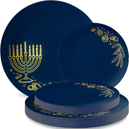 Chanukah Collection Plastic Plates Combo - 10.25"/7.5" (Pack of 32), Elegant Royal Blue & Gold Party Tableware