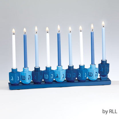 Blue Dreidels Hand-Painted Resin Menorah