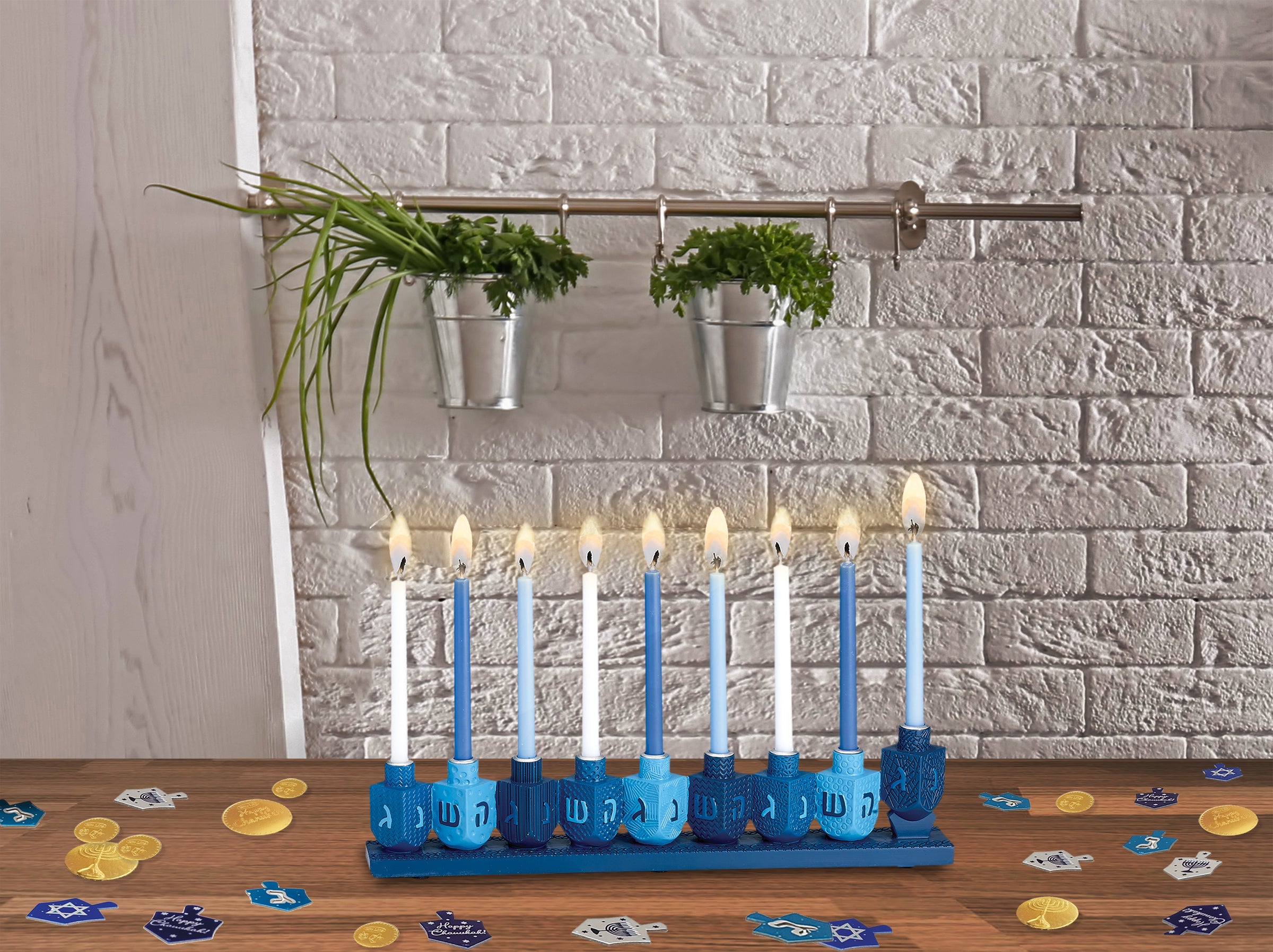 Blue Dreidels Hand-Painted Resin Menorah