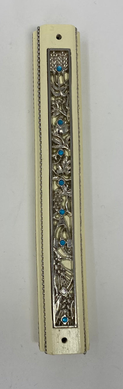 "Seven Species" Wood & Nickel Plate Mezuzah -12cm - 5 inch