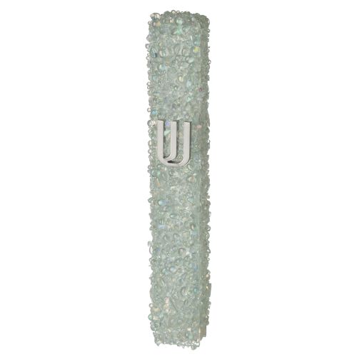 Glass Mezuzah with Stones 12 cm- White