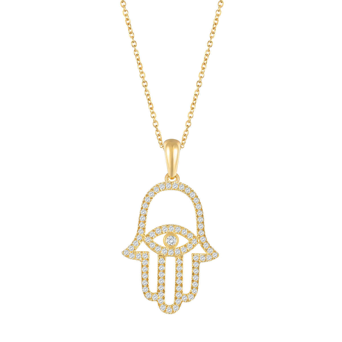 Hamsa Pendant - 14kt Yellow Gold - I Color Diamond. Round Brilliant 0.22 ctw VS2 Clarity