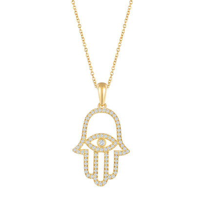 Hamsa Pendant - 14kt Yellow Gold - I Color Diamond. Round Brilliant 0.22 ctw VS2 Clarity