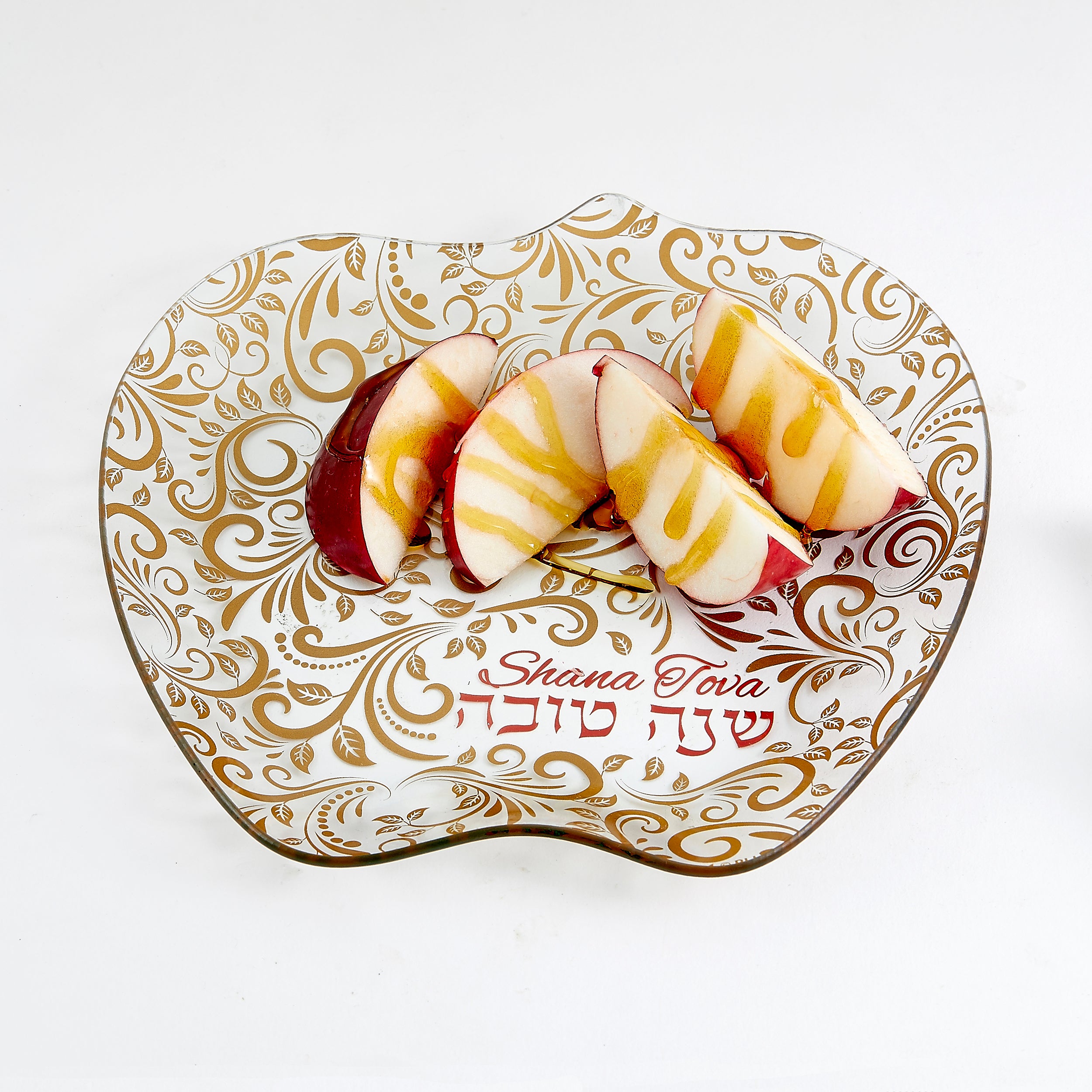 Rosh Hashanah Glass Apple Plate w/ Gold Design