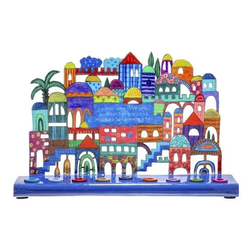 Hand Painted Chanukah Menorah Colorful Jerusalem View