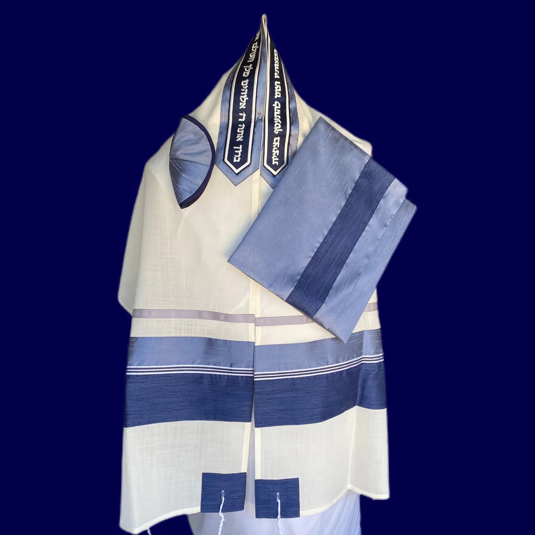 Elegant Cotton Tallit With Light Blue Ribbon