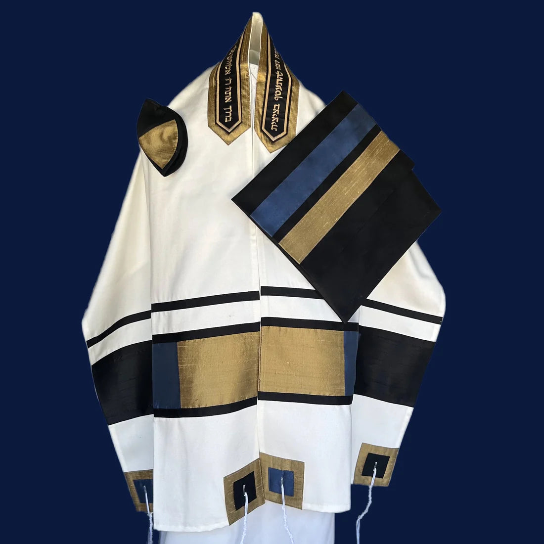 Elegant Cotton Tallit With Dark Blue, Gold, and Black Design