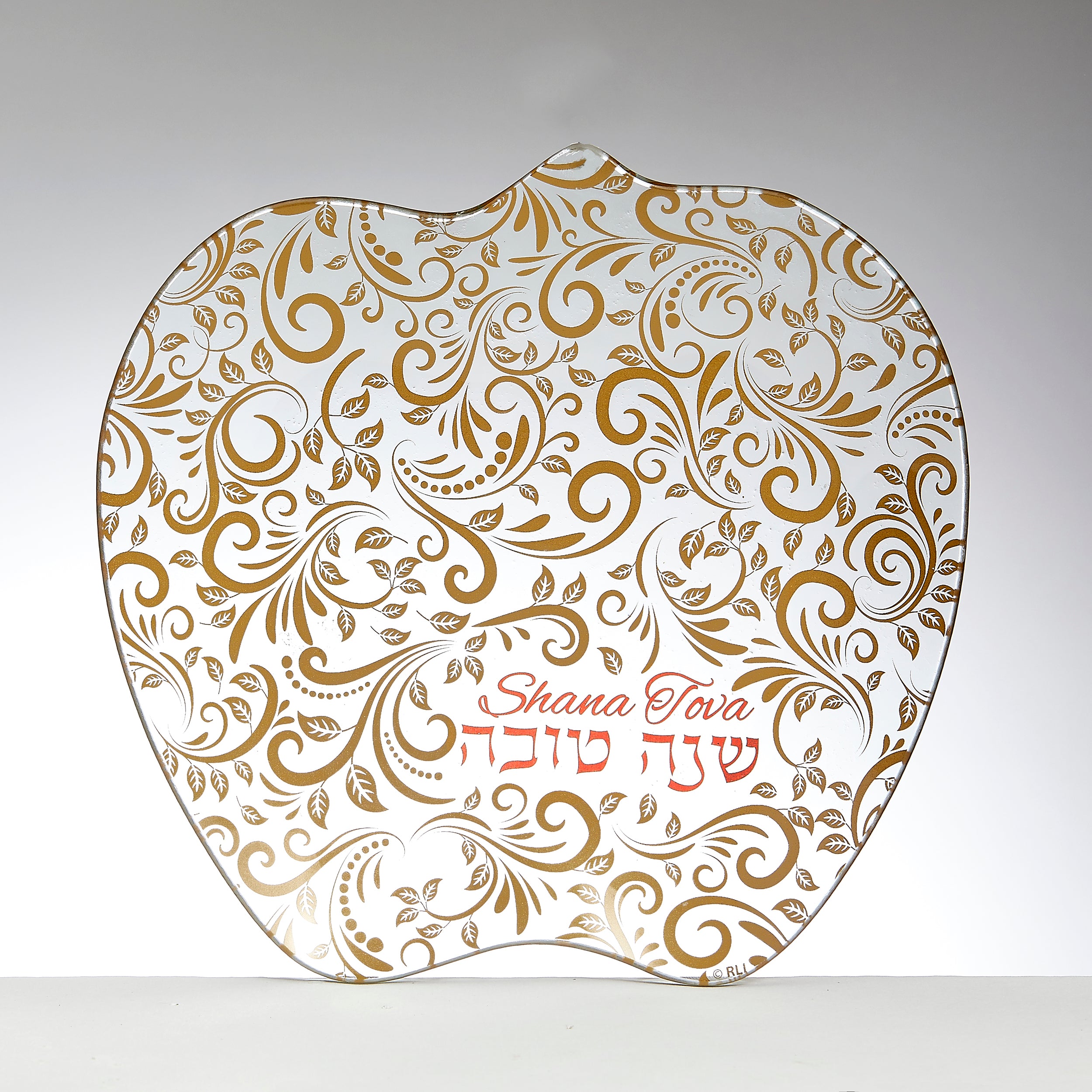 Rosh Hashanah Glass Apple Plate w/ Gold Design