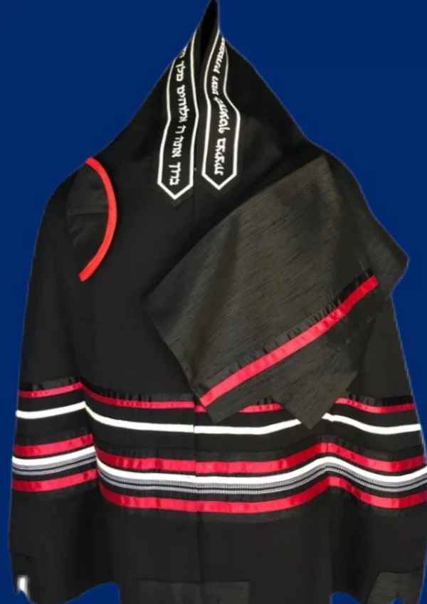 Elegant Black with Red and White Pattern cotton Tallit