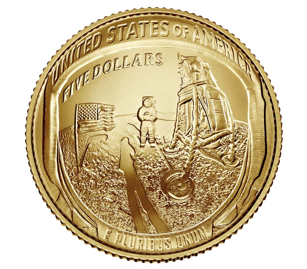 Apollo 11 50th Anniversary 2019 Uncirculated $5 Gold Coin - West Point Mint  - Mitzvahland.com All your Judaica Needs!