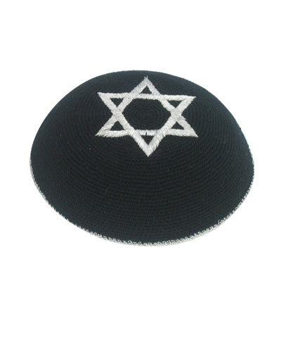 Knitted Kippah Black with Silver Star of David