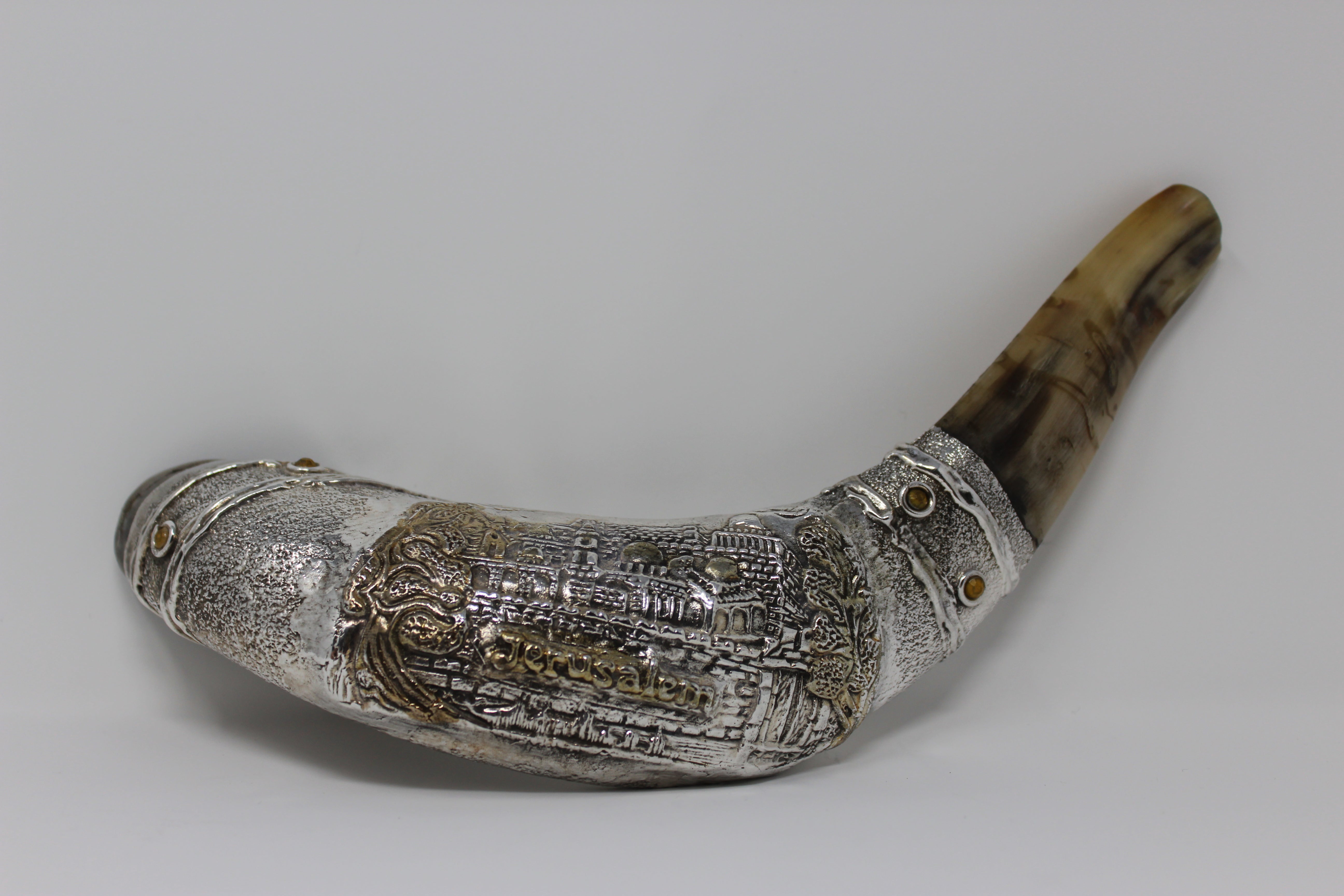 Sterling Silver plated Shofar with Jerusalem. 14 - 16"