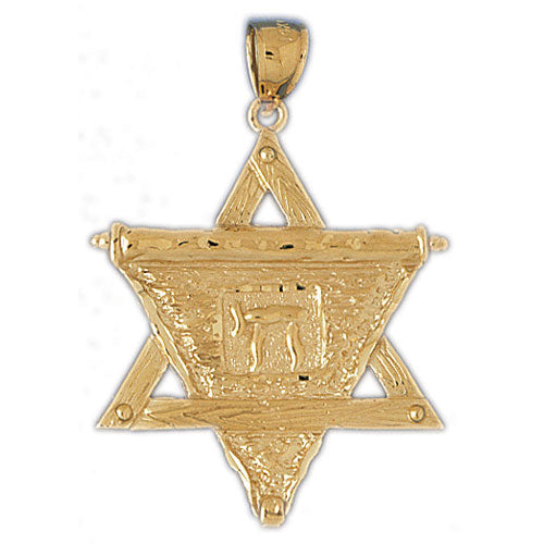 14K Gold Star of David w/Chai On Scroll Pendant Jewelry - Mitzvahland.com All your Judaica Needs!