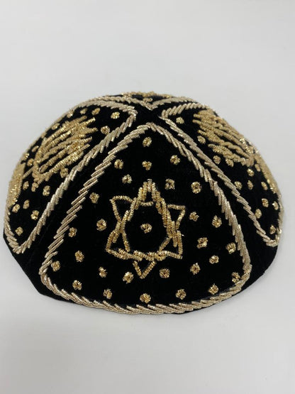 Grooms Wedding Kippah - Black Velvet with Gold