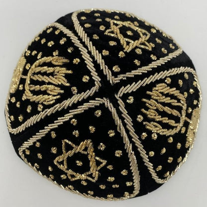 Grooms Wedding Kippah - Black Velvet with Gold